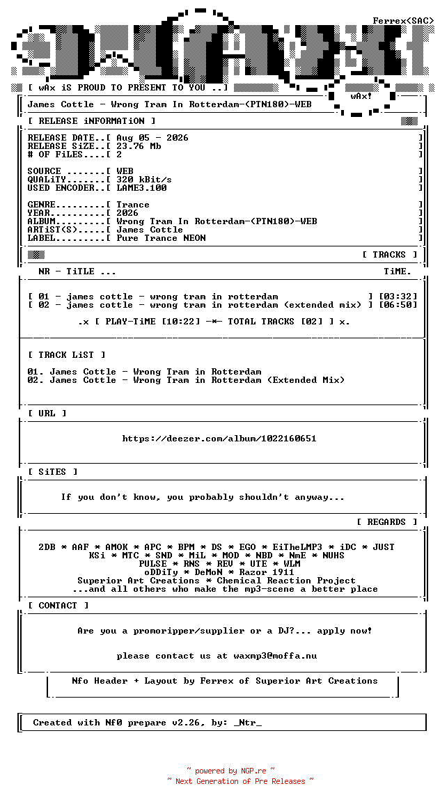 NFO for the release James_Cottle-Wrong_Tram_In_Rotterdam-(PTN180)-WEB-2026-wAx by wAx