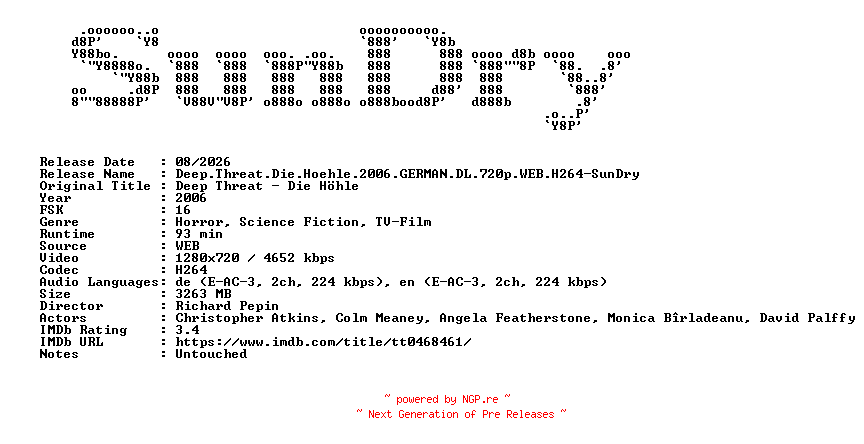 NFO for the release Deep.Threat.Die.Hoehle.2006.GERMAN.DL.720p.WEB.H264-SunDry by SunDry