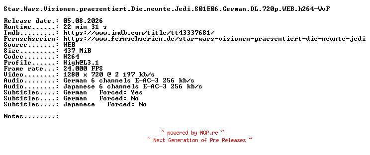 NFO for the release Star.Wars.Visionen.praesentiert.Die.neunte.Jedi.S01E06.German.DL.720p.WEB.h264-WvF by WvF