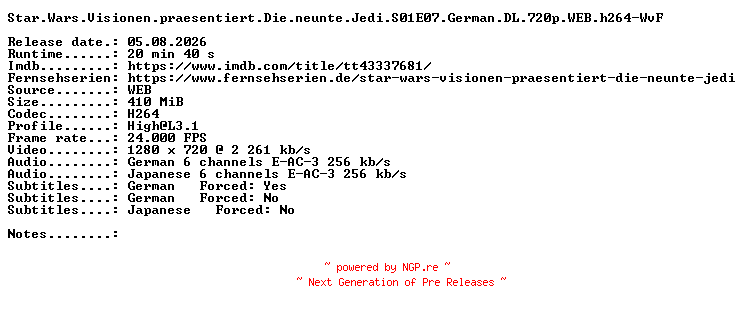 NFO for the release Star.Wars.Visionen.praesentiert.Die.neunte.Jedi.S01E07.German.DL.720p.WEB.h264-WvF by WvF