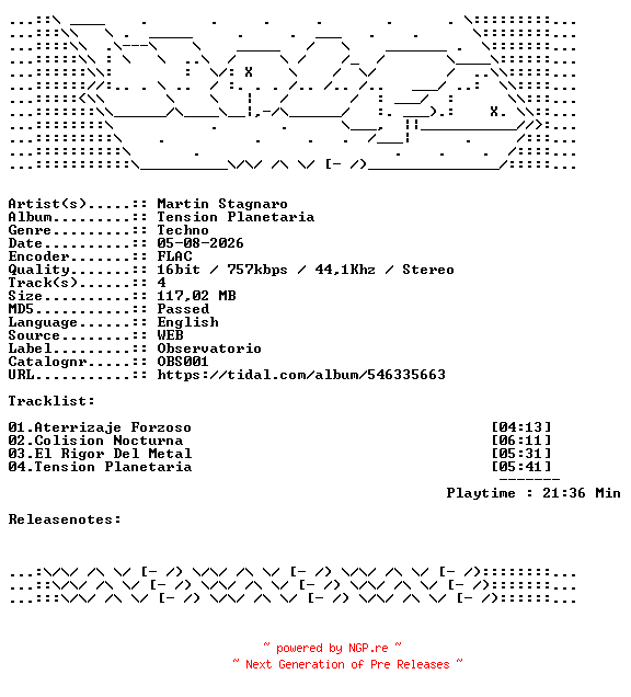 NFO for the release Martin_Stagnaro-Tension_Planetaria-OBS001-16BIT-WEB-FLAC-2026-WAVED by WAVED