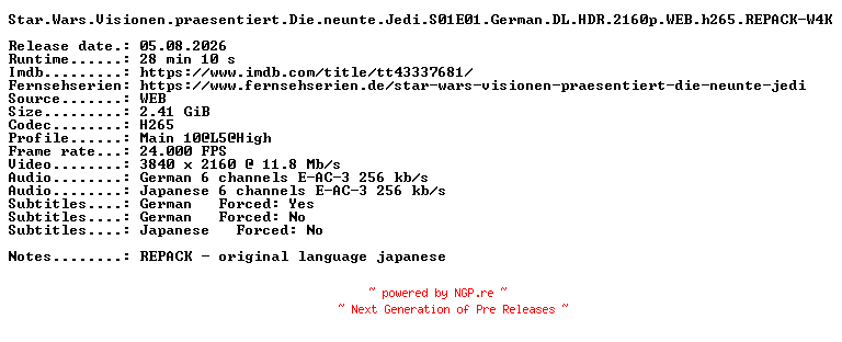 NFO for the release Star.Wars.Visionen.praesentiert.Die.neunte.Jedi.S01E01.German.DL.HDR.2160p.WEB.h265.REPACK-W4K by W4K