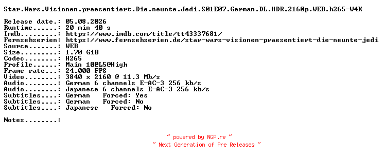 NFO for the release Star.Wars.Visionen.praesentiert.Die.neunte.Jedi.S01E07.German.DL.HDR.2160p.WEB.h265-W4K by W4K
