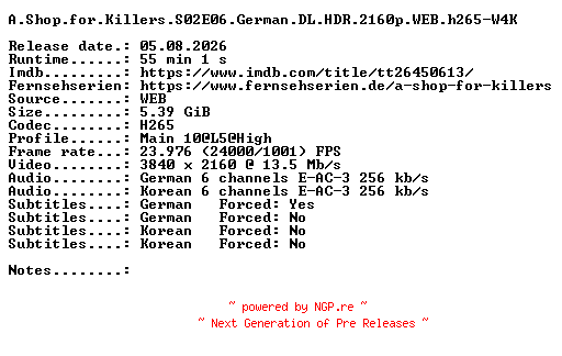 NFO for the release A.Shop.for.Killers.S02E06.German.DL.HDR.2160p.WEB.h265-W4K by W4K