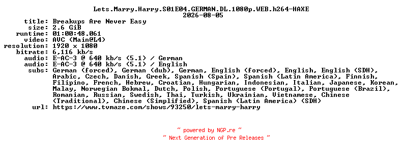 NFO for the release Lets.Marry.Harry.S01E04.GERMAN.DL.1080p.WEB.h264-HAXE by HAXE