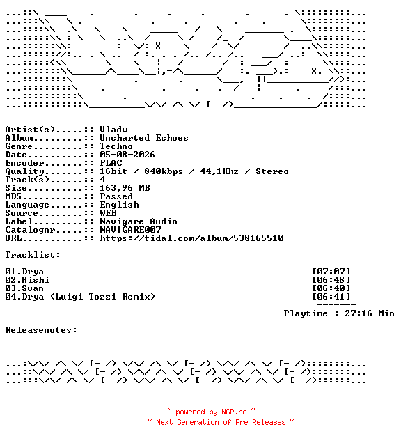 NFO for the release Vladw-Uncharted_Echoes-NAVIGARE007-16BIT-WEB-FLAC-2026-WAVED by WAVED