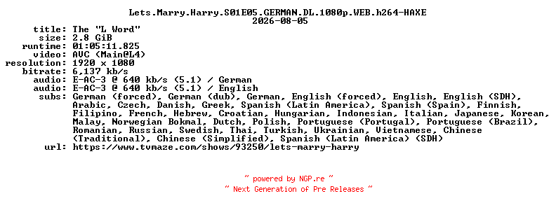NFO for the release Lets.Marry.Harry.S01E05.GERMAN.DL.1080p.WEB.h264-HAXE by HAXE