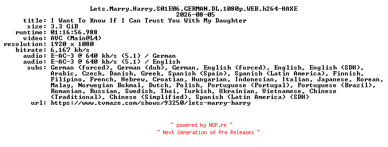 NFO for the release Lets.Marry.Harry.S01E06.GERMAN.DL.1080p.WEB.h264-HAXE by HAXE