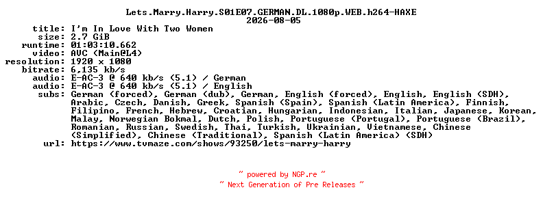 NFO for the release Lets.Marry.Harry.S01E07.GERMAN.DL.1080p.WEB.h264-HAXE by HAXE