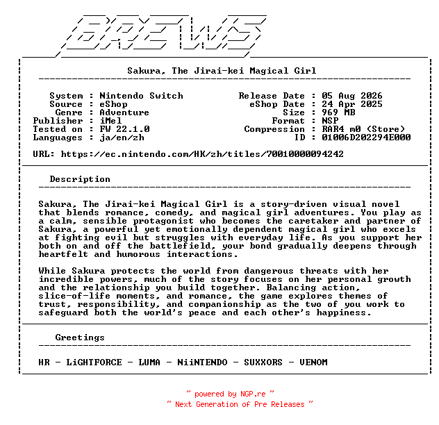 NFO for the release Sakura_The_Jirai-kei_Magical_Girl_NSW-BREWS by BREWS
