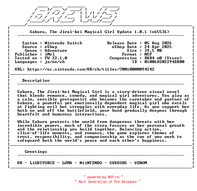 NFO for the release Sakura_The_Jirai-kei_Magical_Girl_Update_v1.0.1_NSW-BREWS by BREWS