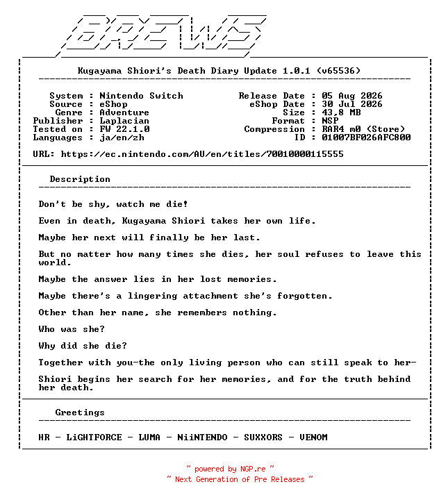 NFO for the release Kugayama_Shioris_Death_Diary_Update_v1.0.1_NSW-BREWS by BREWS