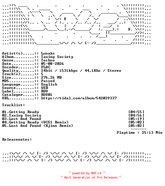 NFO for the release Lunaks-Taxing_Society-RUV01-24BIT-WEB-FLAC-2026-WAVED by WAVED
