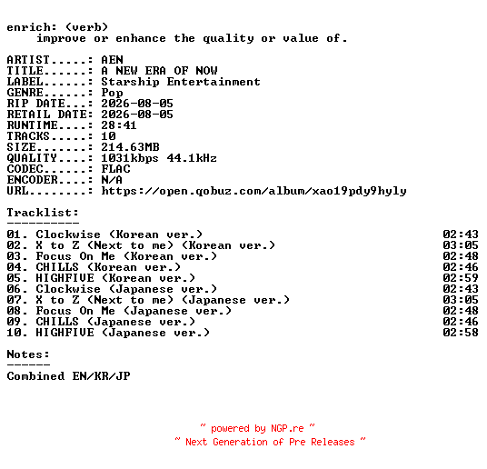NFO for the release AEN-A_NEW_ERA_OF_NOW-EP-16BIT-WEB-FLAC-2026-ENRiCH by ENRiCH