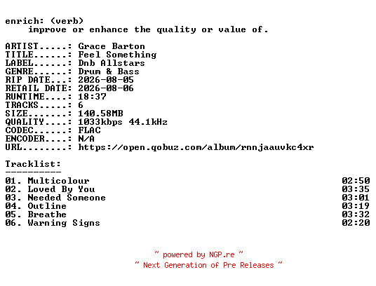 NFO for the release Grace_Barton-Feel_Something-EP-16BIT-WEB-FLAC-2026-ENRiCH by ENRiCH