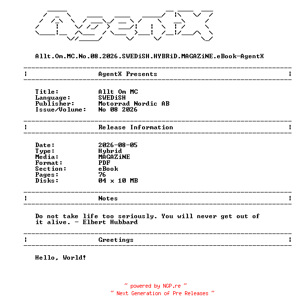 NFO for the release Allt.Om.MC.No.08.2026.SWEDiSH.HYBRiD.MAGAZiNE.eBook-AgentX by AgentX