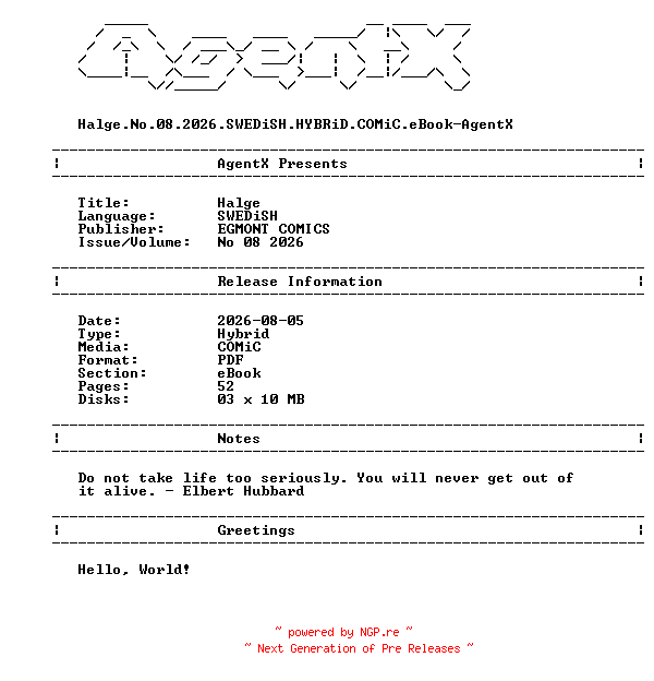 NFO for the release Halge.No.08.2026.SWEDiSH.HYBRiD.COMiC.eBook-AgentX by AgentX
