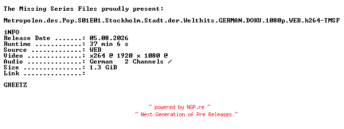 NFO for the release Metropolen.des.Pop.S01E01.Stockholm.Stadt.der.Welthits.GERMAN.DOKU.1080p.WEB.h264-TMSF by TMSF