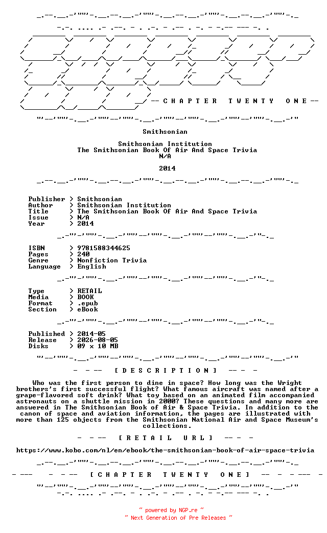 NFO for the release Smithsonian.Institution.-.The.Smithsonian.Book.Of.Air.And.Space.Trivia.2014.RETAIL.EPUB.eBook-CTO by CTO