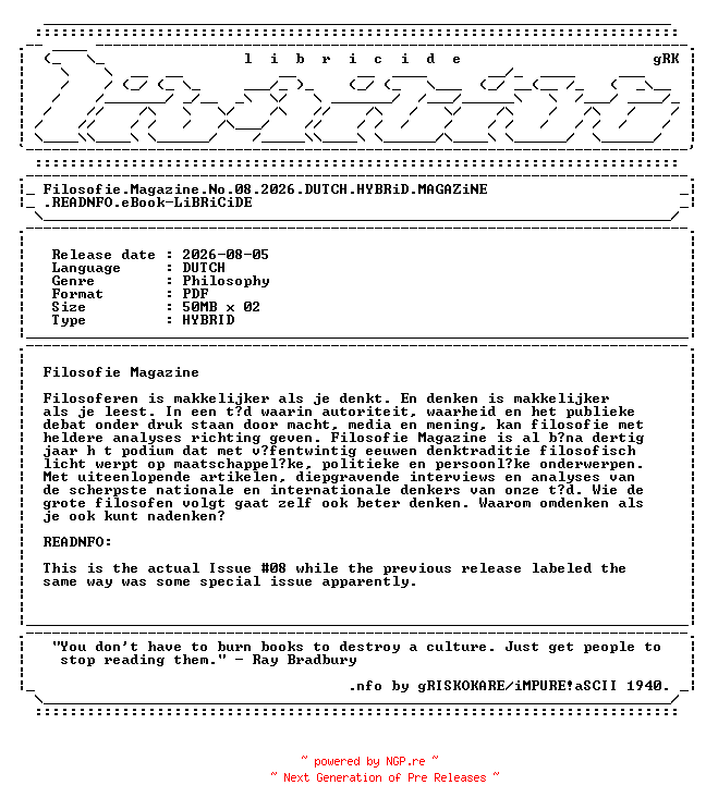 NFO for the release Filosofie.Magazine.No.08.2026.DUTCH.HYBRiD.MAGAZiNE.READNFO.eBook-LiBRiCiDE by LiBRiCiDE