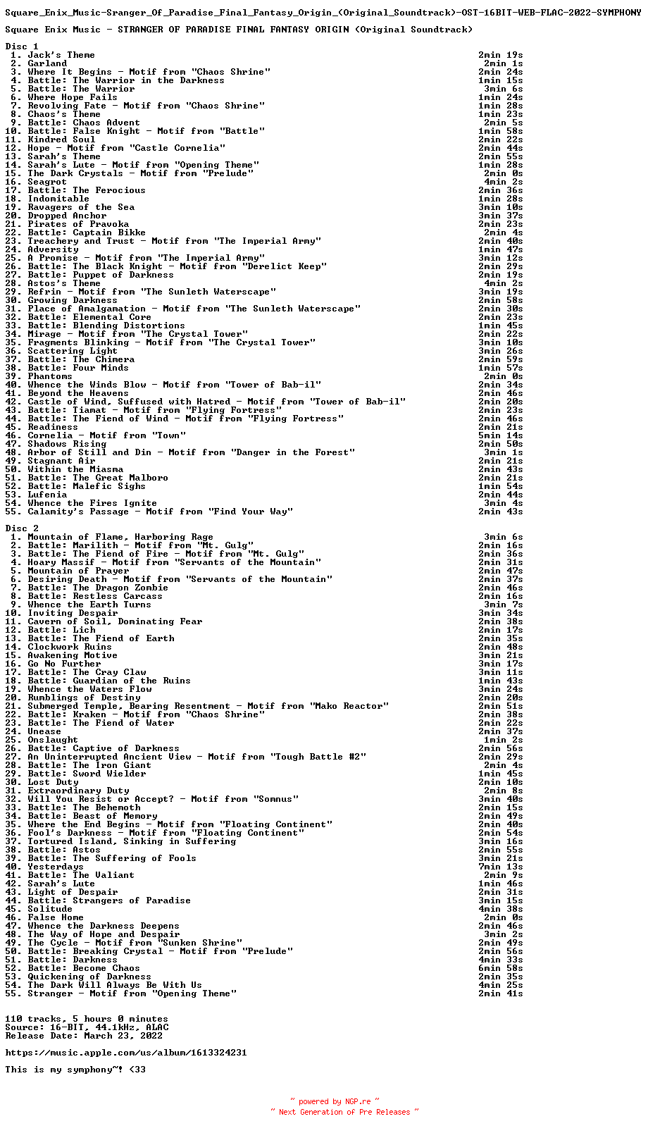 NFO for the release Square_Enix_Music-Sranger_Of_Paradise_Final_Fantasy_Origin_(Original_Soundtrack)-OST-16BIT-WEB-FLAC-2022-SYMPHONY by SYMPHONY