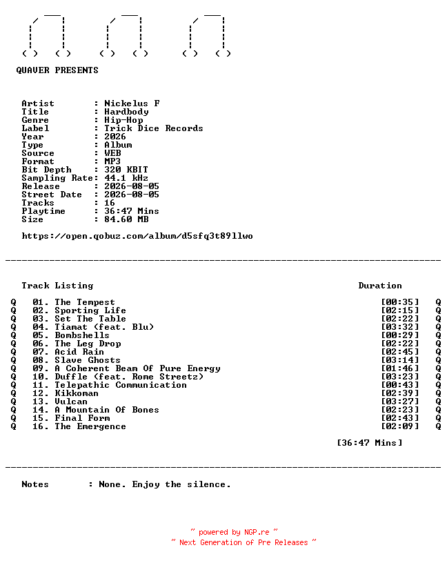 NFO for the release Nickelus_F-Hardbody-WEB-2026-QUAVER by QUAVER