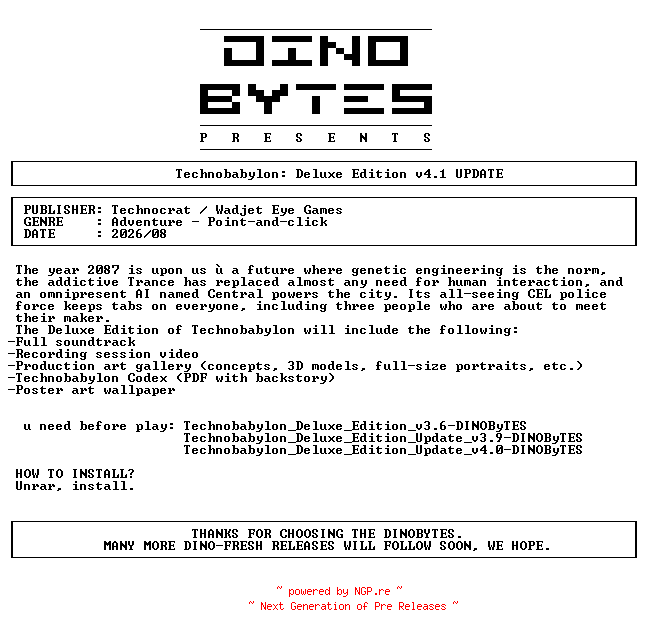 NFO for the release Technobabylon_Deluxe_Edition_Update_v4.1-DINOByTES by DINOByTES