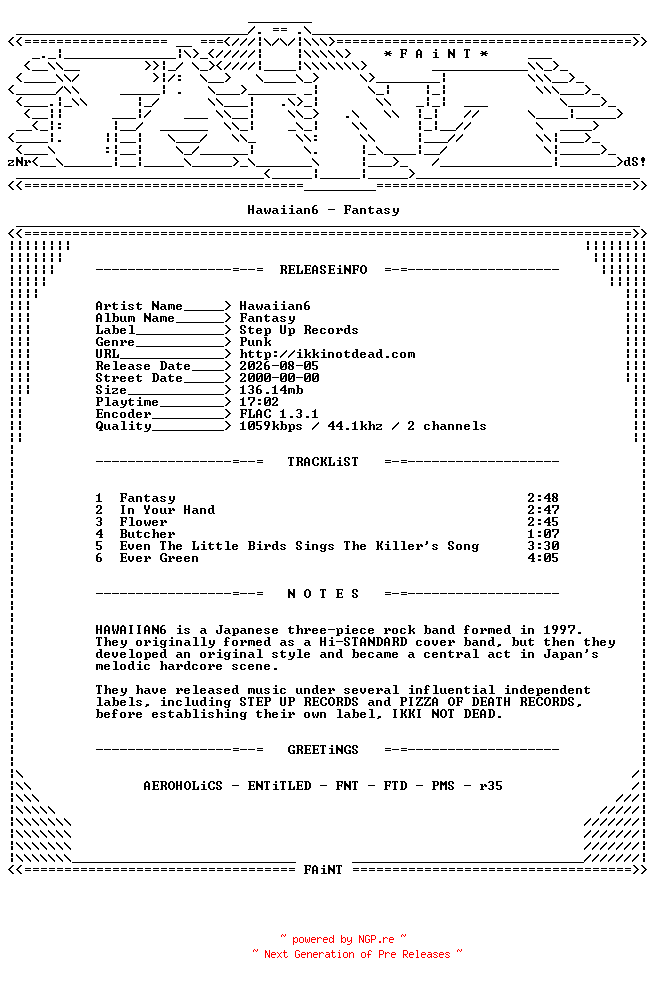 NFO for the release Hawaiian6-Fantasy-CDEP-FLAC-2000-FAiNT by FAiNT