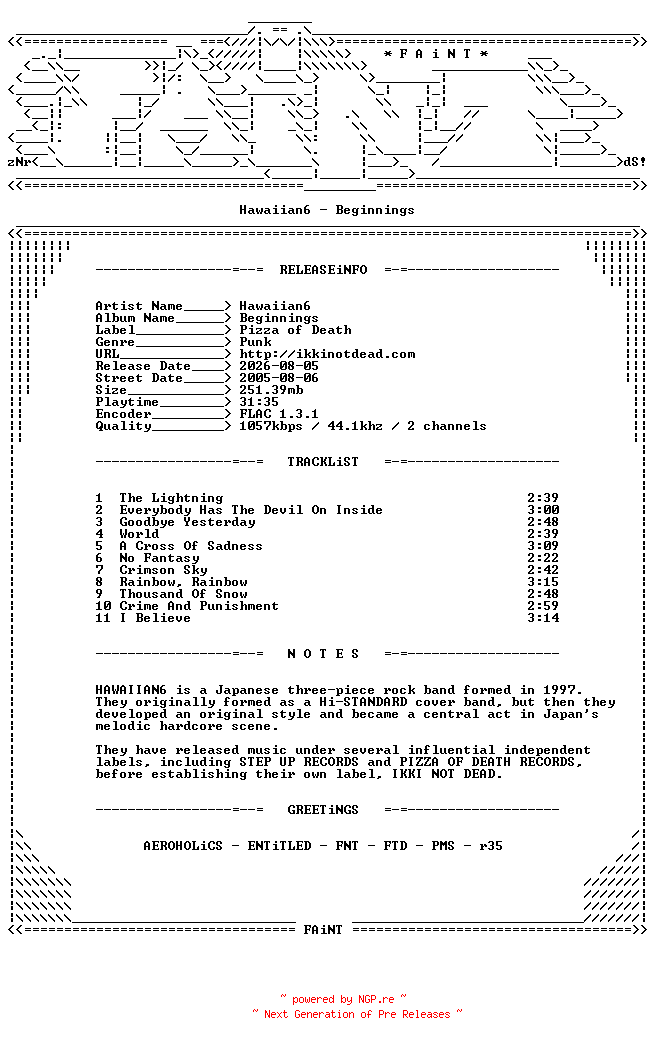 NFO for the release Hawaiian6-Beginnings-CD-FLAC-2005-FAiNT by FAiNT