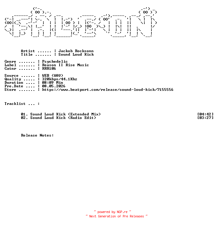 NFO for the release Jackob_Rocksonn-Sound_Loud_Kick-(RRR106)-WEB-2026-FALCON by FALCON