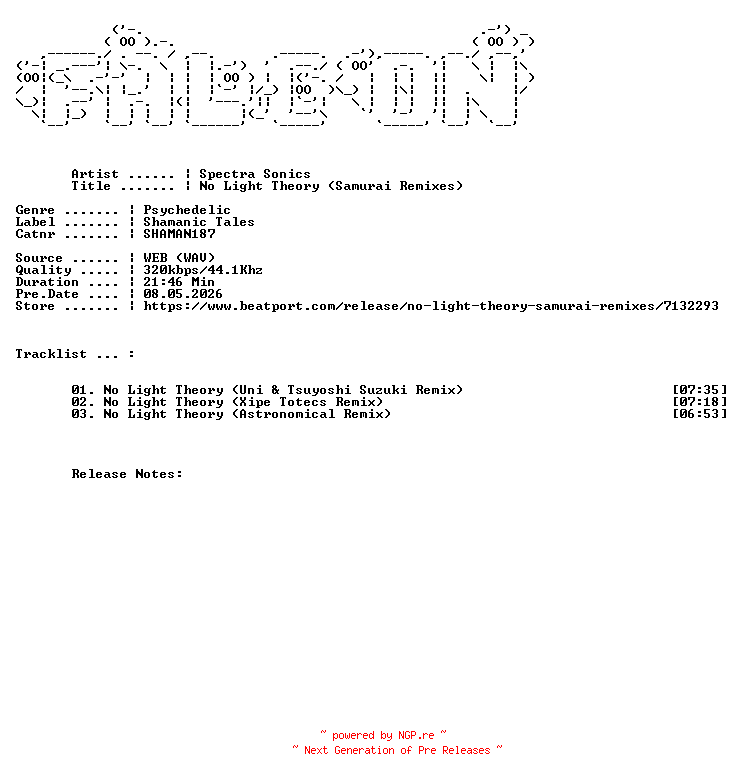 NFO for the release Spectra_Sonics-No_Light_Theory_Samurai_Remixes-(SHAMAN187)-WEB-2026-FALCON by FALCON