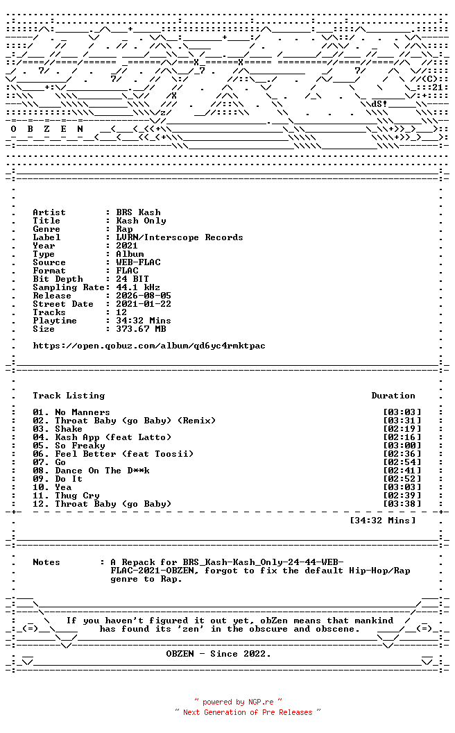NFO for the release BRS_Kash-Kash_Only-REPACK-24BIT-44KHZ-WEB-FLAC-2021-OBZEN by OBZEN