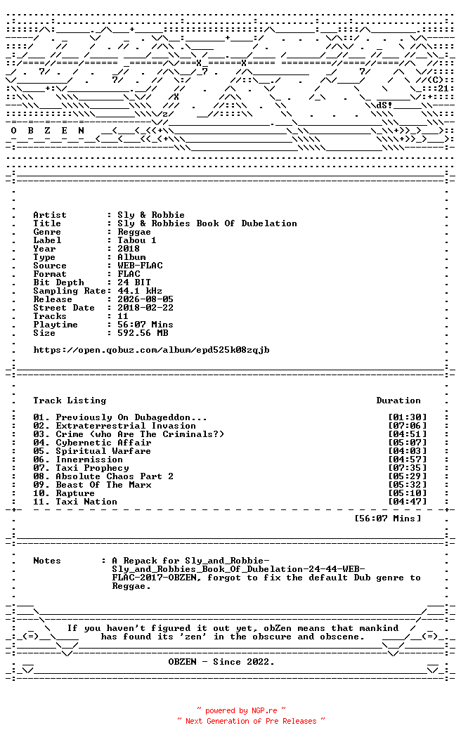 NFO for the release Sly_and_Robbie-Sly_and_Robbies_Book_Of_Dubelation-REPACK-24BIT-44KHZ-WEB-FLAC-2018-OBZEN by OBZEN
