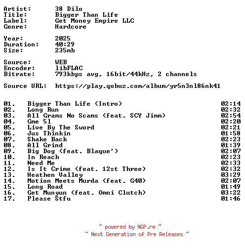 NFO for the release 38_Dilo-Bigger_Than_Life-16BIT-WEB-FLAC-2025-VEXED by VEXED