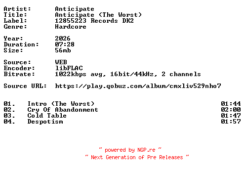 NFO for the release Anticipate-Anticipate_(The_Worst)-16BIT-WEB-FLAC-2026-VEXED by VEXED