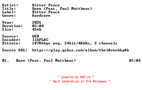 NFO for the release Bitter_Peace-Burn_(Feat._Paul_Matthews)-Single-24BIT-WEB-FLAC-2026-VEXED by VEXED