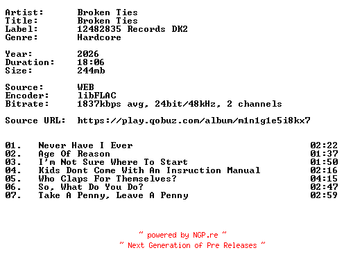 NFO for the release Broken_Ties-Broken_Ties-24BIT-WEB-FLAC-2026-VEXED by VEXED