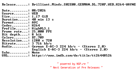 NFO for the release Brilliant.Minds.S02E08.GERMAN.DL.720P.WEB.H264-WAYNE by WAYNE