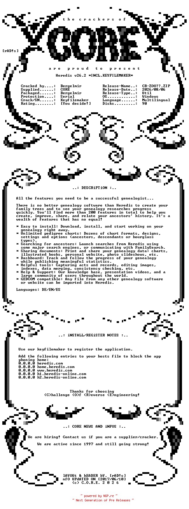 NFO for the release Heredis.v26.2.Multilingual.Incl.Keyfilemaker-CORE by CORE