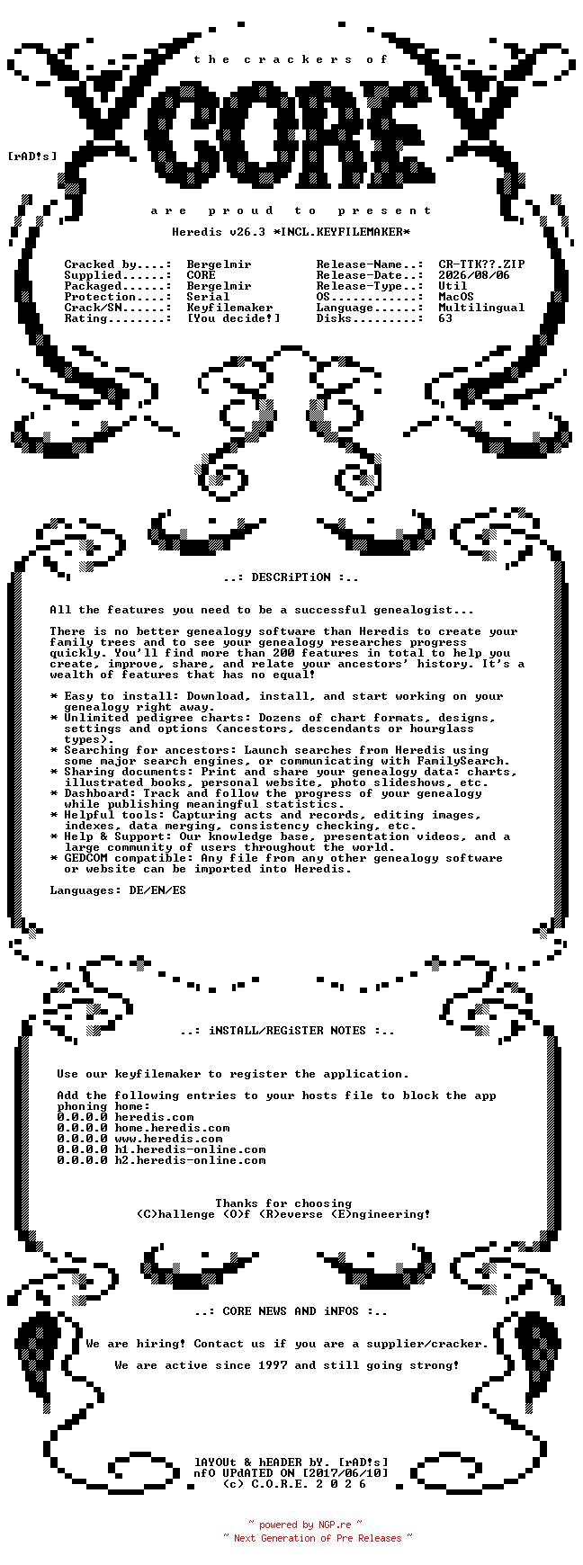 NFO for the release Heredis.v26.3.MacOS.UB.Multilingual.Incl.Keyfilemaker-CORE by CORE