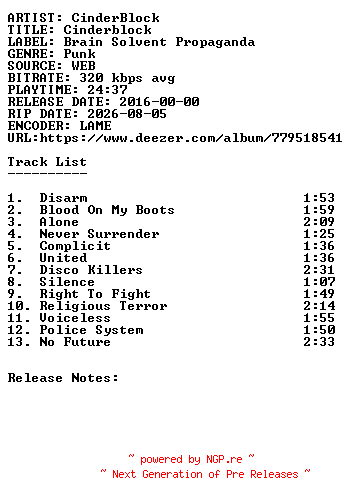 NFO for the release Cinderblock-Cinderblock-WEB-2016-SDR by SDR