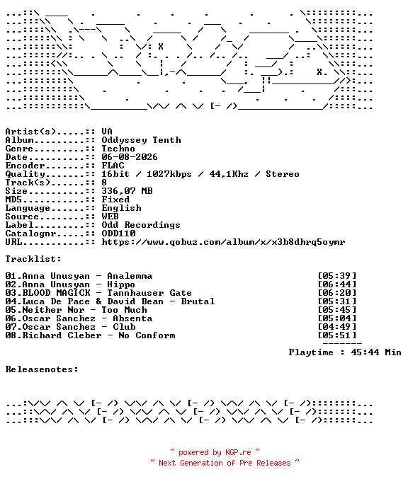 NFO for the release VA-Oddyssey_Tenth-ODD110-16BIT-WEB-FLAC-2026-WAVED by WAVED