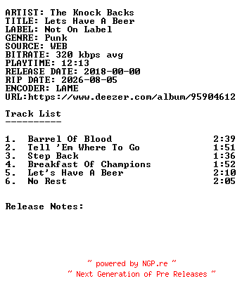 NFO for the release The_Knock_Backs-Lets_Have_A_Beer-WEB-2018-SDR by SDR