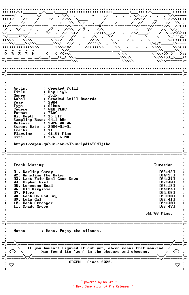 NFO for the release Crooked_Still-Hop_High-16BIT-WEB-FLAC-2004-OBZEN by OBZEN