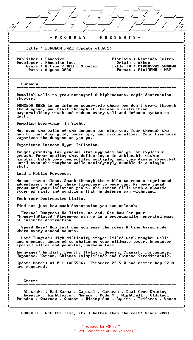 NFO for the release DUNGEON_RAZE_Update_v1.0.1_NSW-SUXXORS by SUXXORS