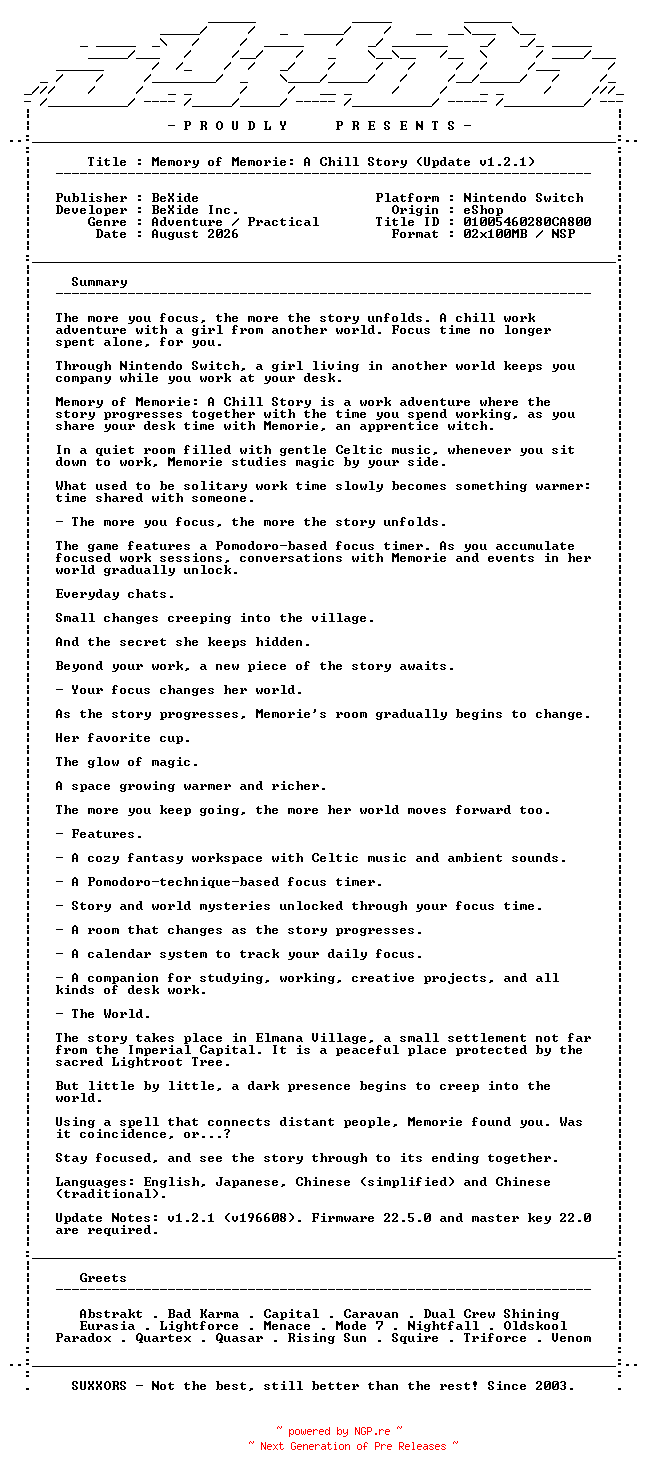 NFO for the release Memory_of_Memorie_A_Chill_Story_Update_v1.2.1_NSW-SUXXORS by SUXXORS