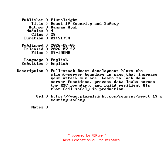 NFO for the release Pluralsight.React.19.Security.and.Safety.2026.BOOKWARE-GETH by GETH