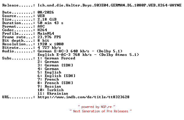 NFO for the release Ich.und.die.Walter.Boys.S03E04.GERMAN.DL.1080P.WEB.X264-WAYNE by WAYNE
