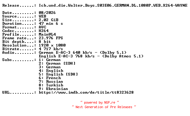NFO for the release Ich.und.die.Walter.Boys.S03E06.GERMAN.DL.1080P.WEB.X264-WAYNE by WAYNE