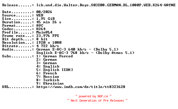 NFO for the release Ich.und.die.Walter.Boys.S03E08.GERMAN.DL.1080P.WEB.X264-WAYNE by WAYNE